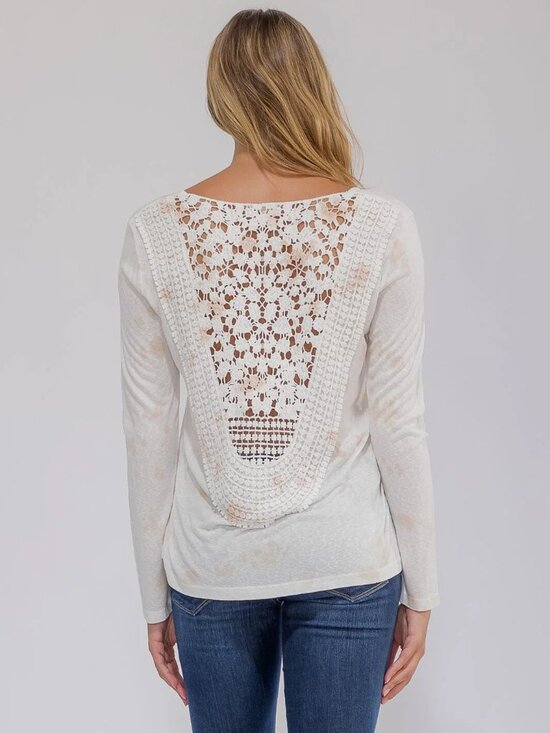 Tops - B24 LONG SLEEVE V-NECK BACK CROCHET DETAILED TIE DYE TOP Cream Pink NEW